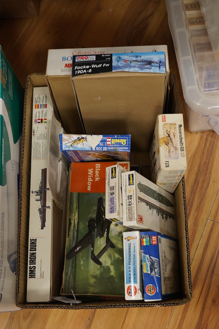Twenty-five mainly plastic kits by Frog, Airfix, Revell, Aurora, etc. including primarily aircraft, together with a few ships and other subjects, believed to be substantially complete, however sold unchecked